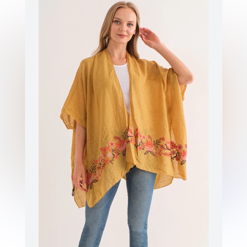 Raj Arabella Honey Gold Floral Embroidered Boho Kimono Wrap OS NWT